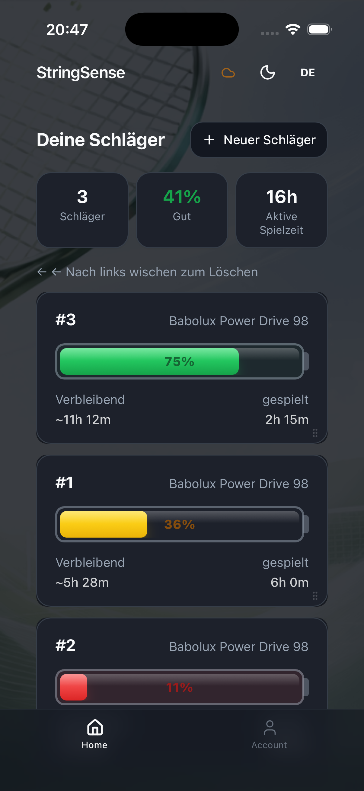 StringSense Dashboard — Schläger mit Saiten-Gesundheitsanzeige